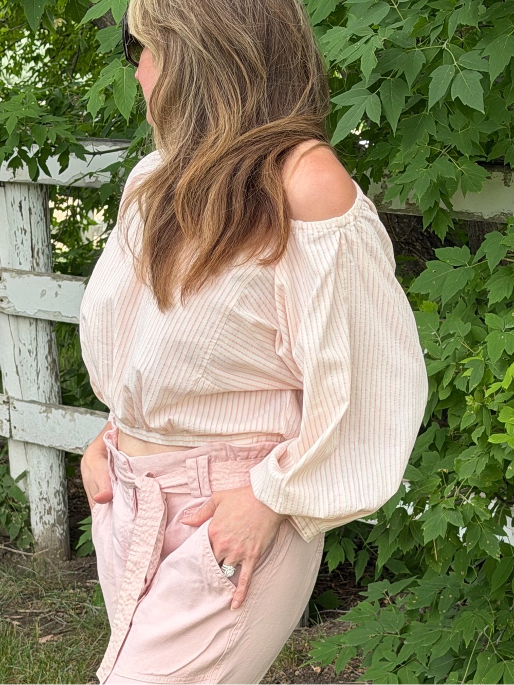 Holding Horses Cropped Cotton Bardot Blouse in Soft Pink and Cream Women’s Sml